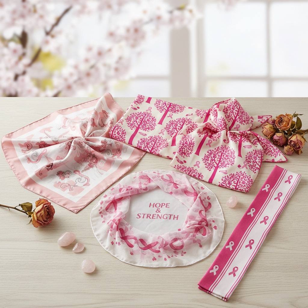 Several pink-themed scarves and accessories featuring breast cancer awareness ribbons and tree patterns are arranged on a light wooden table with dried roses and small crystals.
